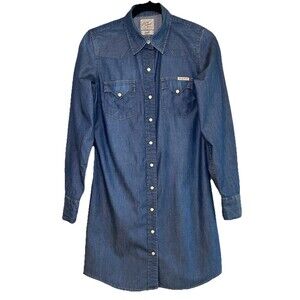 Lucky Brand Shirt Dress Y2K Denim Pearl Snap Western Pockets Chambray Women Sz S